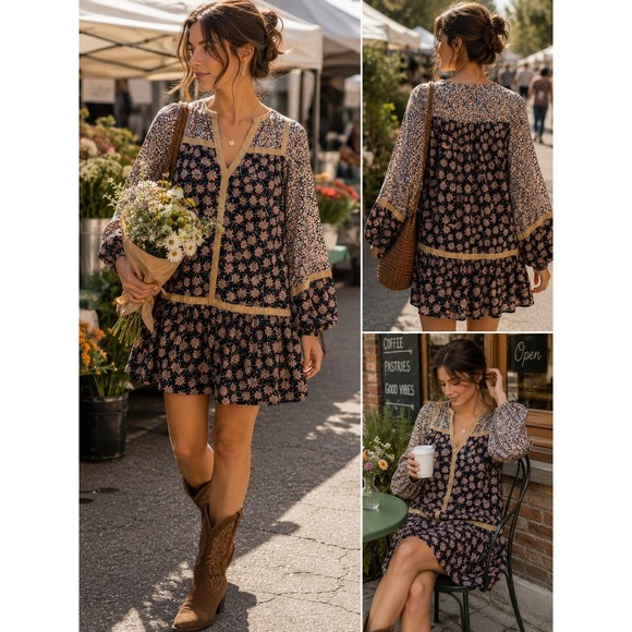 entro Dresses & Skirts - Entro Boho Floral Mixed Print Babydoll Tunic Dress Large Boutique
